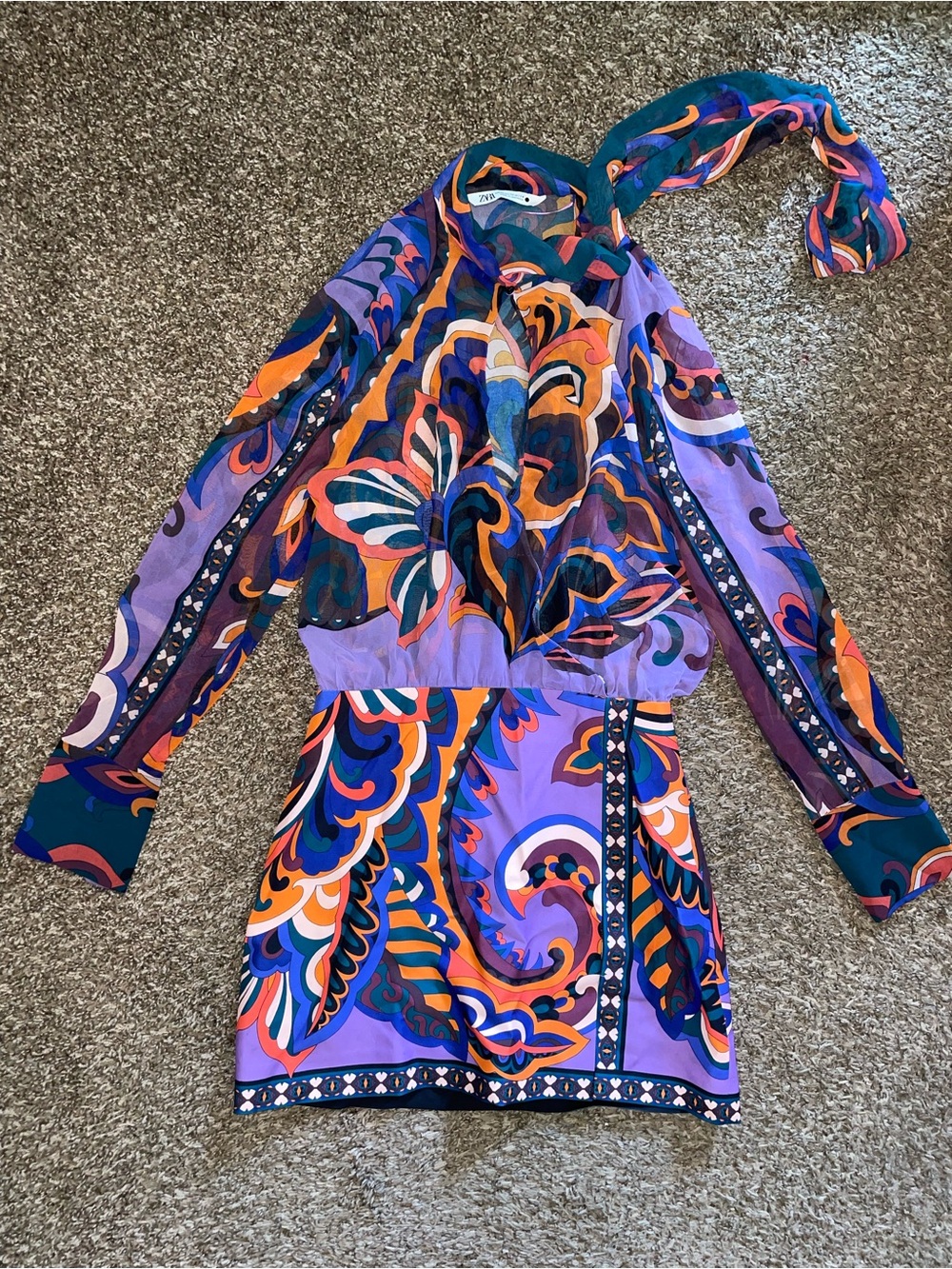 Zara Purple Multi-Color Printed Long-Sleeve Mini Dress - Picture 2 of 5
